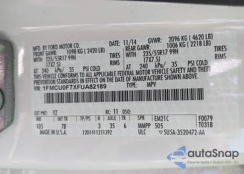 2015 Ford Escape S из США, поврежденный, VIN 1FMCU0F7XFUA82189